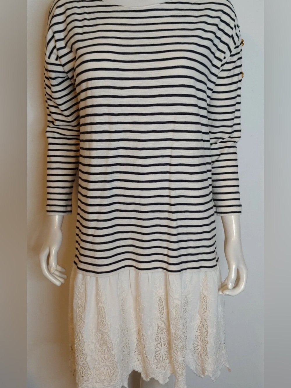 Soft Surroundings "Left Bank" Striped Nautical Dress Knit Eyelet Lace Hem